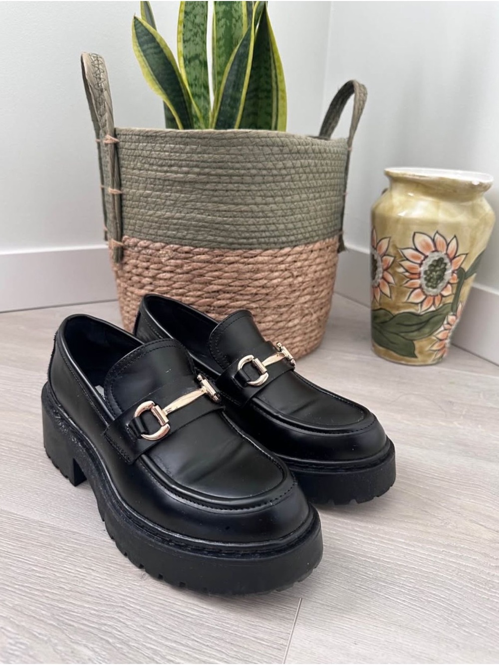 Steve Madden Black Platform Loafers with Gold Hardware